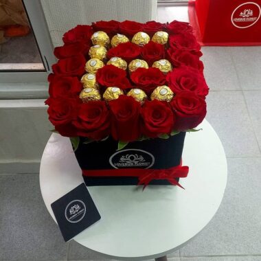 Crimson Palazzo, boxed flowers by Lovebug Florist Lagos