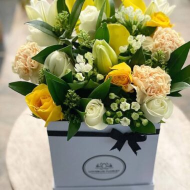 Ivory Palazzo, boxed flowers by Lovebug Florist Lagos