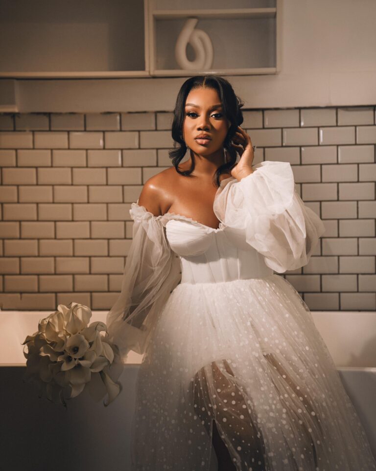 Wedding gown with fresh bridal flowers by Lovebug Florist