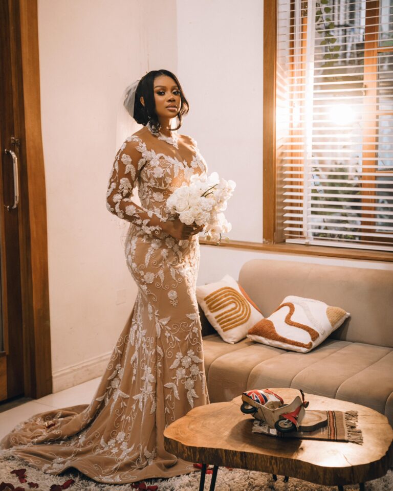 Bridal bouquet styled with a wedding gown in Lagos
