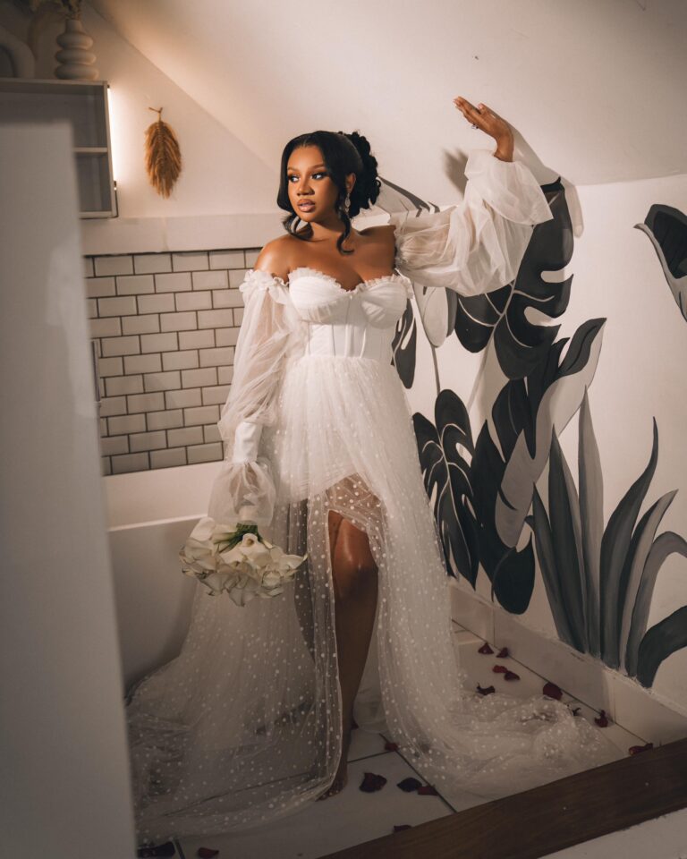 Bridal Wardrobe gown with Lovebug Florist bouquet